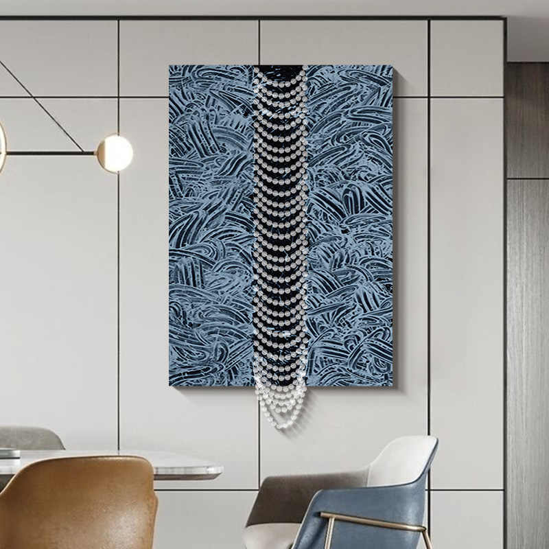 Modern Luxury 3D Abstract Crystal Pearl Wall Art – Hand-Painted Textured Oil Painting with Vertical Bead Cascade, Frameless
