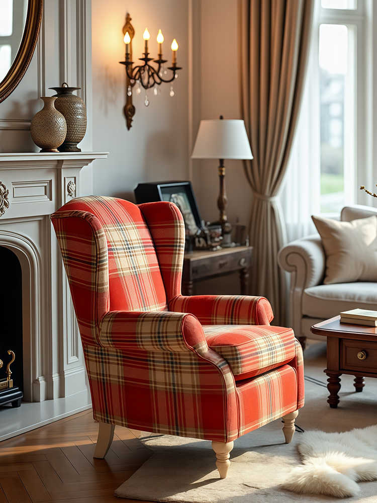 High-Back Tiger Armchair – Red Plaid Retro Single Sofa for Living Room, Study, Bedroom, or Balcony, Country Style Wing Chair