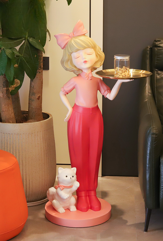 Modern Cute Girl Sculpture with Cat for Living Room, Entryway, Sofa Side, TV Cabinet