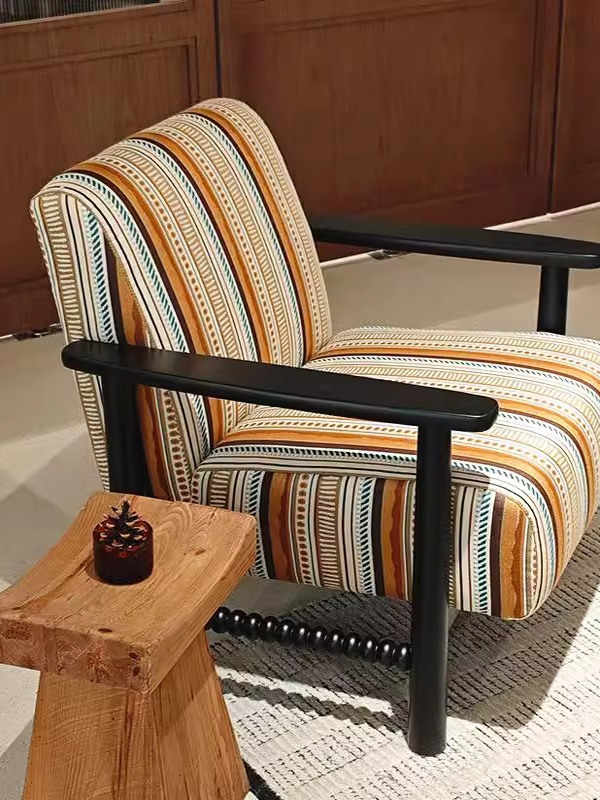 Vintage Solid Wood Armchair – Retro Striped Single Lounge Chair for Living Room, Balcony, Studio, or Hotel