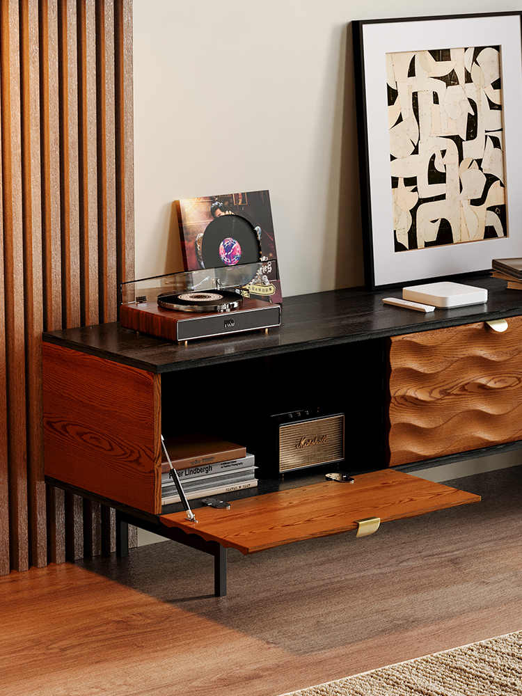 Vintage Solid Wood TV Cabinet – Luxury Wave Pattern Storage Sideboard, Modern Living Room Media Console with Drawers