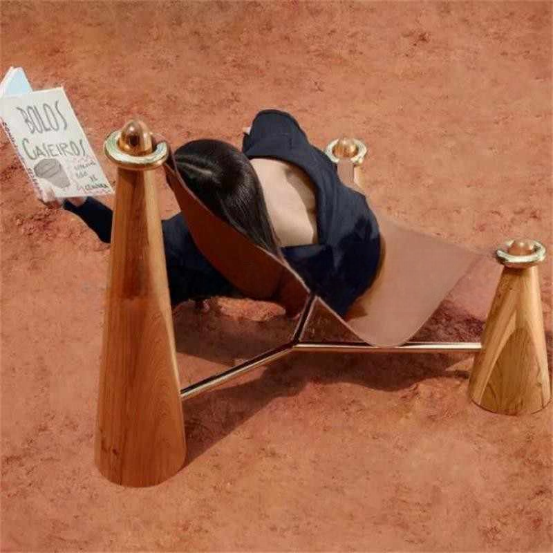 Modern Luxury Leather and Wood Accent Chair, Designer Camel Sling Lounge Chair with Brass, Minimalist Living Room or Hotel Armchair