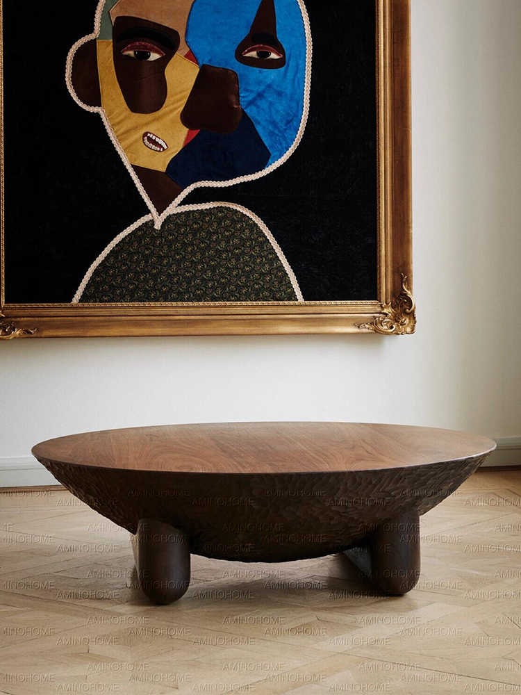 Wabi-Sabi Round Coffee Table Set with Hand-Carved Base, Vintage Style Natural Wood Low Table with Textured Pedestal