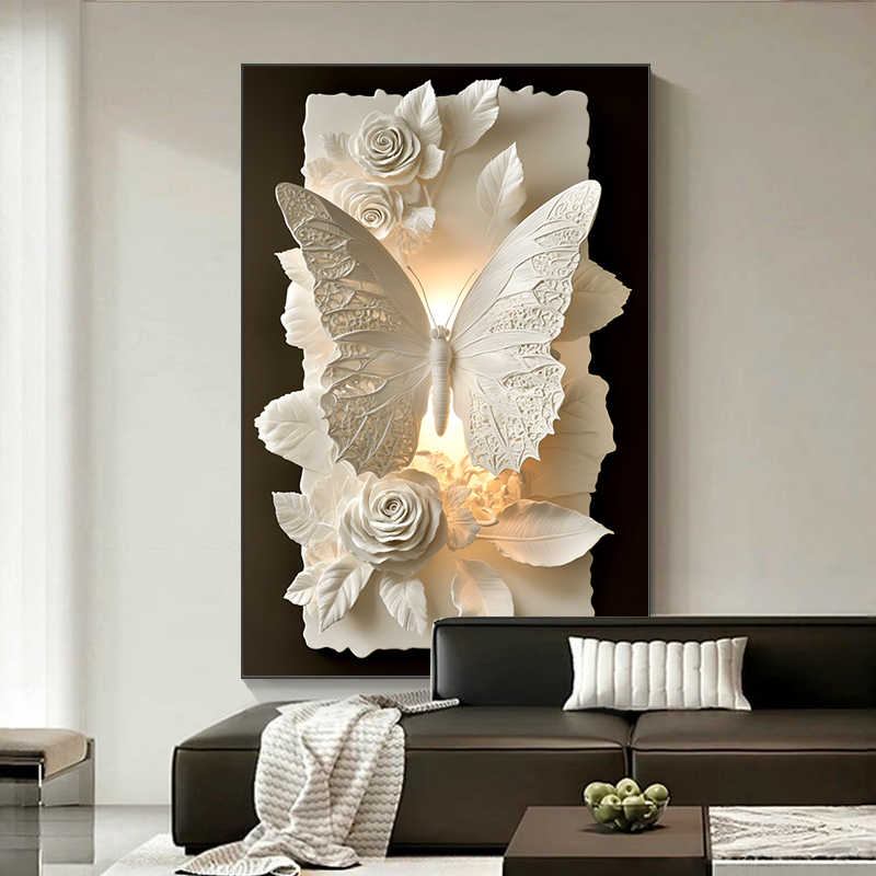 Luxury Butterfly 3D Ceramic Wall Art, Abstract Glass Texture Painting for Living Room, Sofa Background or Corridor, Large Floor Mural, Matte Black Frame