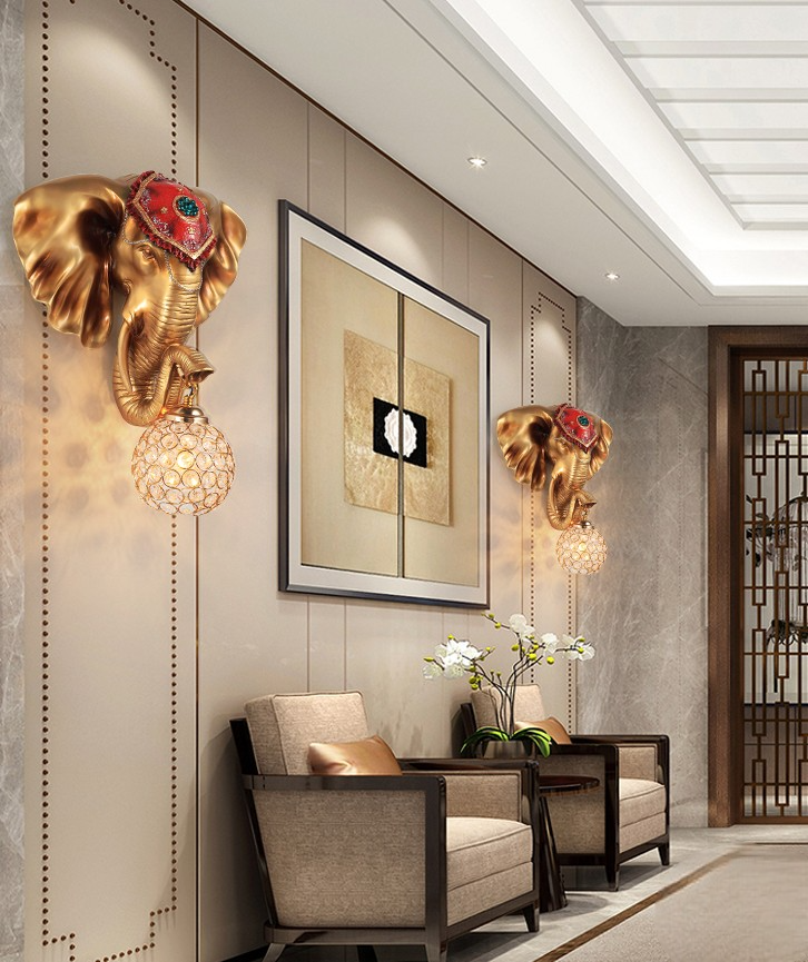 Creative Elephant Wall Sconce Light – White Decorative Animal Lamp with Crystal Globe Shade for Living Room, Bedroom, Hotel, Corridor, or Staircase