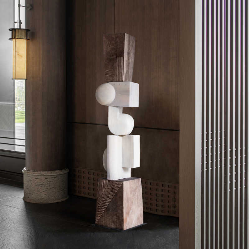Large Abstract Solid Wood Sculpture, Modern Art Decorative Floor Piece for Hotel Lobby, Reception, Staircase, or Boutique Residence