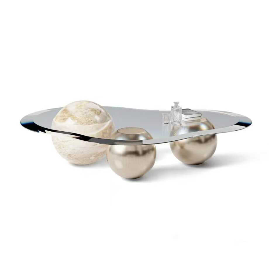 Designer Brass Marble Coffee Table – Modern Glass Top Living Room Center Table, Unique Sphere Base