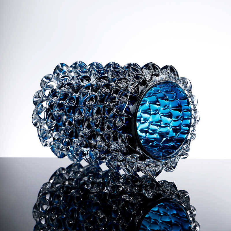 Blue Stacked Art Glass Vase, Heavy Crystal Sculptural Flower Vessel with Layered Design, Modern Office Living Room Decor