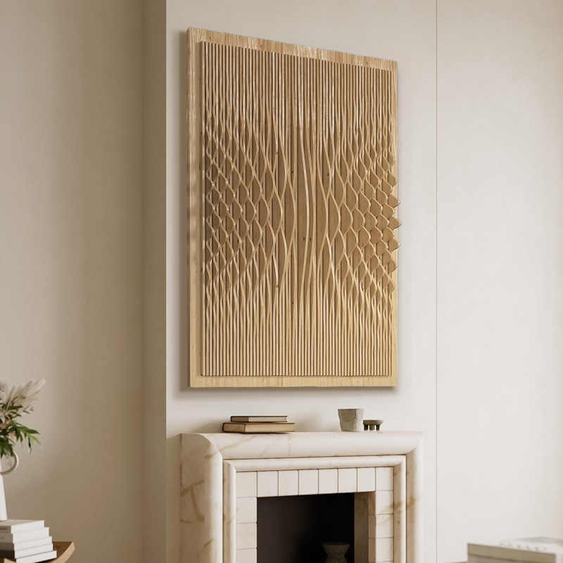Natural Solid Wood Hand-Carved 3D Wall Art Panel, Designer Original Modern Entryway & Living Room Sculpture, Frameless
