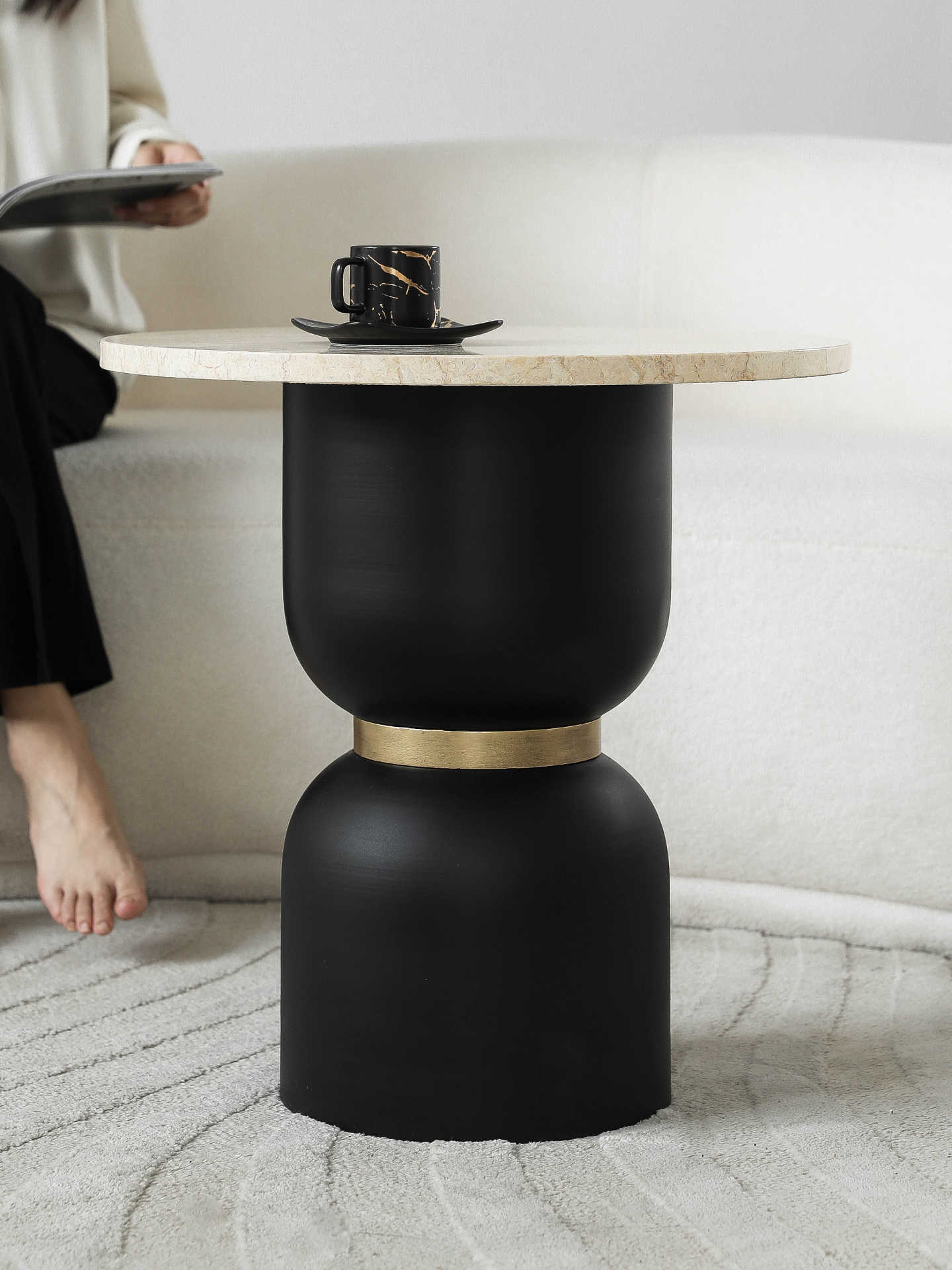 Modern Marble Side Table, Round Beige Stone & Black Gold Metal Accent Table for Living Room, Sofa & Bedroom