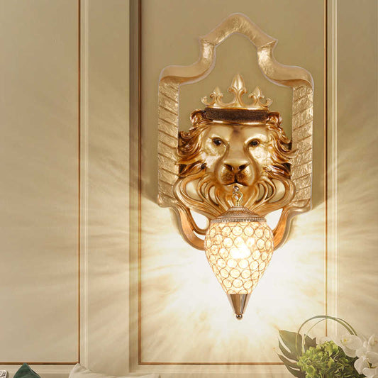 Creative Lion Head Wall Lamp, Southeast Asian & Luxury Resin Crystal Sconce, Living Room/Bar/Accent Light