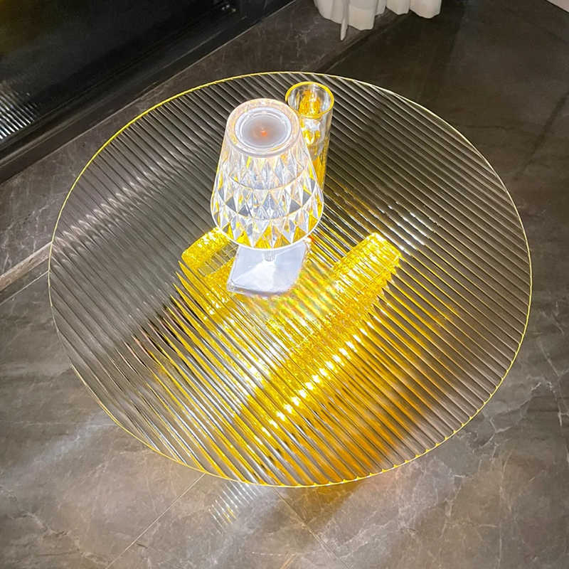 Modern Round Ribbed Glass & Acrylic Side Table, Luxury Transparent Accent for Living Room, Bar, or B&B, 8-Block Base