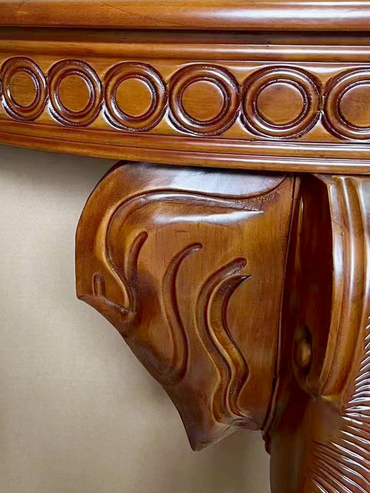 American Style Half-Moon Console Table with Hand-Carved Elephant Base, European Solid Wood Entryway Table with Circular Molding