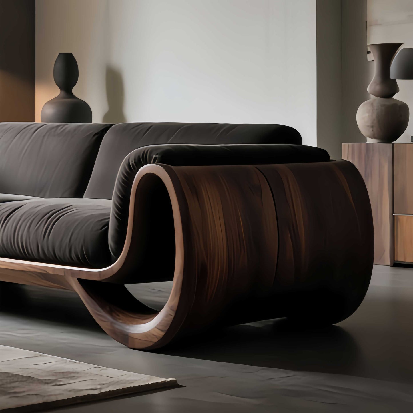 Contemporay New Walnut Sofa – Sculptural Curved Wood Frame with Premium Upholstery, Luxury Modern Living Room Furniture
