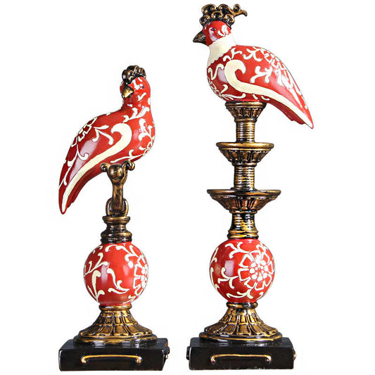 Luxury Prosperity Bird Decor Set, Red & White Classical Resin Figurines for Wine Cabinet, Fireplace, Entryway, High-End Living Room Accents