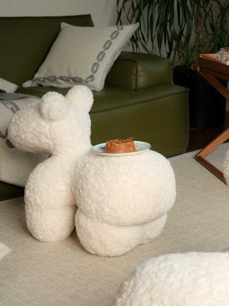 Rona Vintage Pony Chair Ottoman, Cream White Faux Lamb Wool Teddy Bear Footstool, Mid-Century Lounge Chair Accent Piece