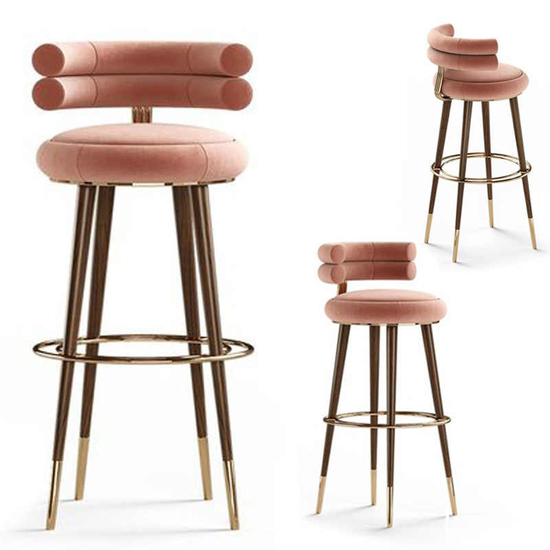 Luxury Modern Nordic Bar Stool – Solid Wood & Gold Metal Velvet Upholstered High Chair, Designer Scandinavian Counter Stool for Kitchen Island, Reception, Dining, Hotel, Blush Pink