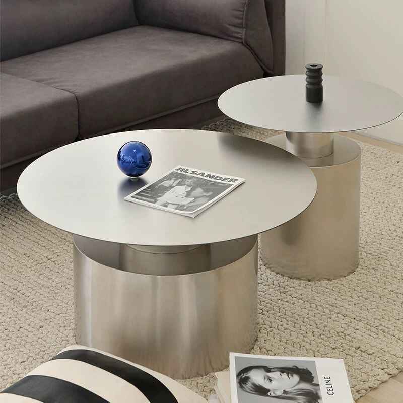 Designer Brushed Stainless Steel Coffee Table Set, Modern Luxury Metal Round Sofa Side Table, Minimalist Living Room Combination (Small & Large)