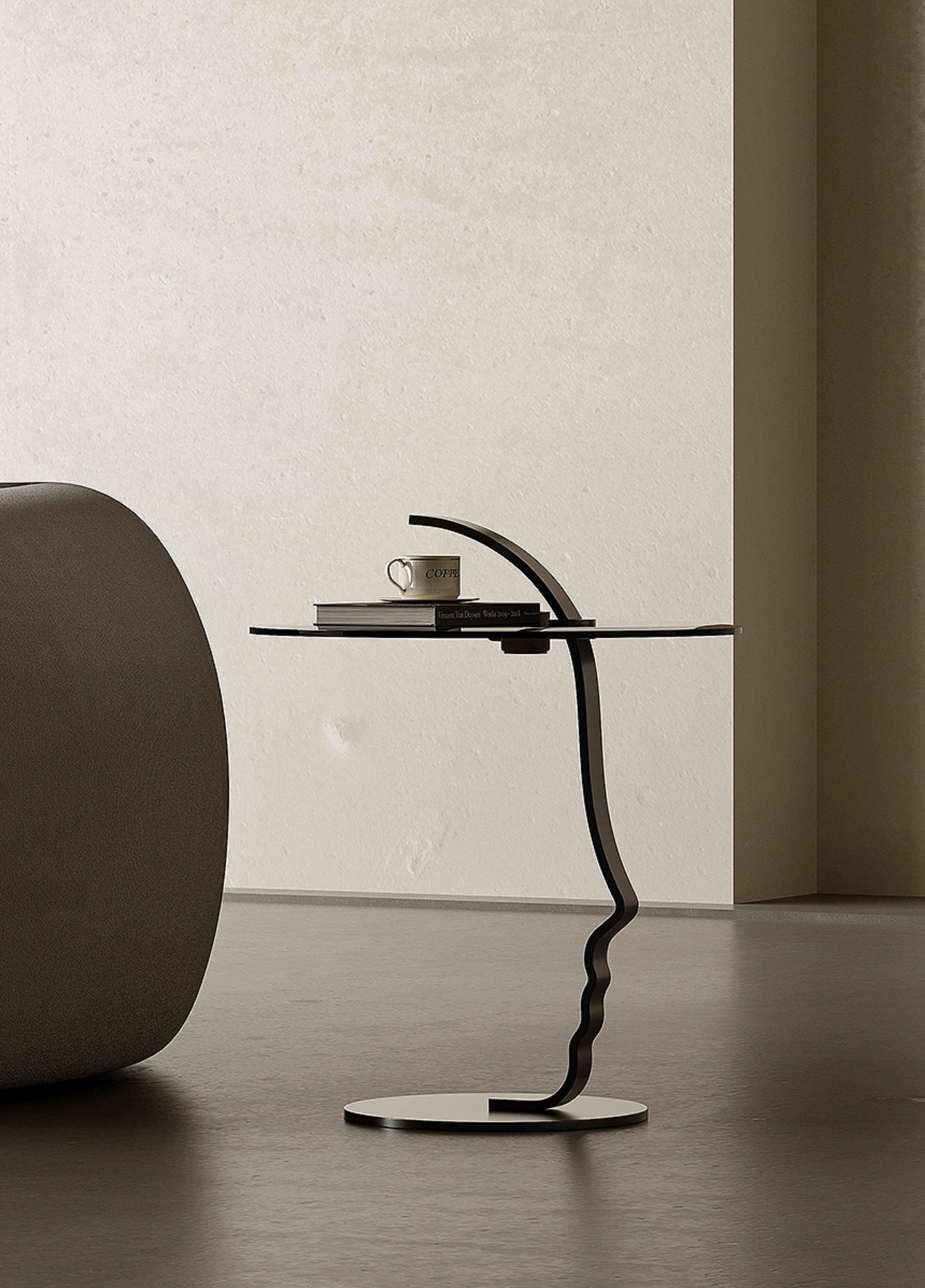 Designer Glass Side Table, Modern Minimalist Sculptural Accent Table for Small Spaces, Creative Curved Design