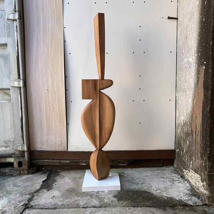 Large Abstract Solid Wood Floor Sculpture, Handmade Modern Art, 63 Inch
