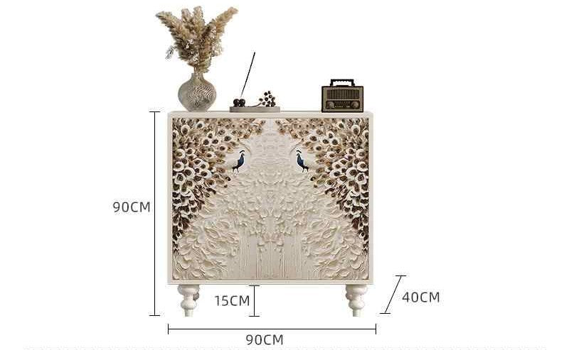 Luxury Peacock Art Painted Entryway Cabinet, Handcrafted Solid Wood Sideboard in Cream White for Living Room or Foyer