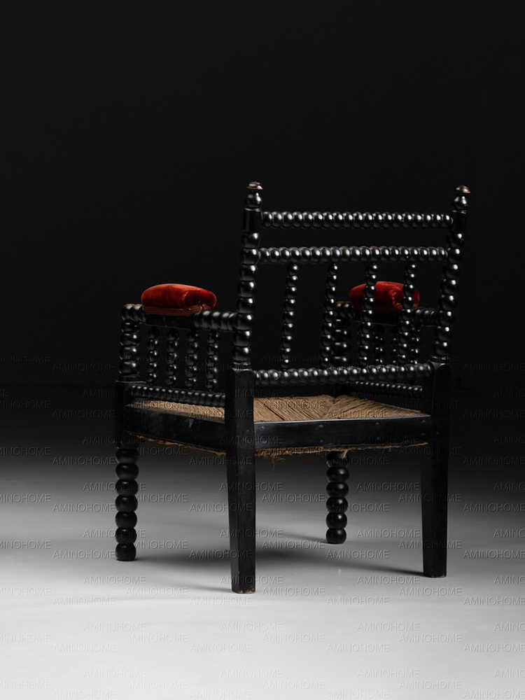 French Vintage Ebonized Bobbin Armchair with Rush Seat, Louis XVI Style Turned Spindle Chair with Red Velvet Cushions