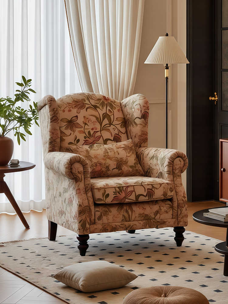 Vintage Floral Tiger Chair – High-Back Retro Armchair, Living Room/Bedroom/Balcony, Designer Single Sofa