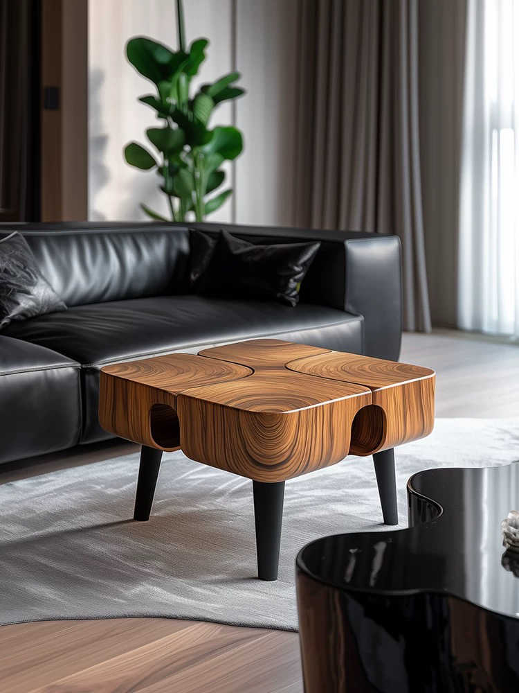 Nordic Solid Wood Square Coffee Table with Oval Cutouts – Modern Minimalist Living Room Accent Table, Natural Wood Grain End Table with Black Legs for Small Spaces