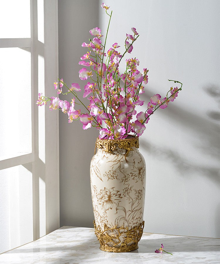 Ivory Floral Porcelain and Brass Vase, Creative Decorative Table Flower Vase for Living Room, Entryway, and Modern Home