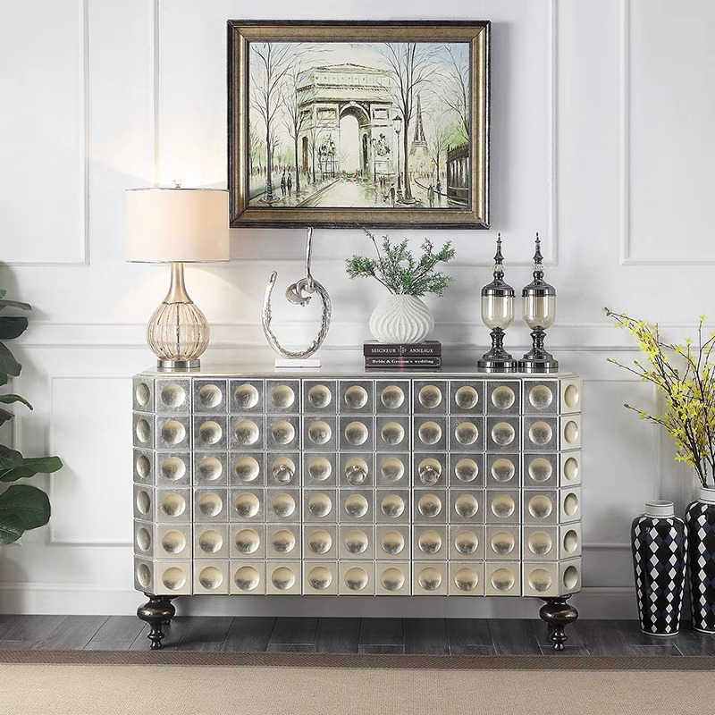 Modern Luxury Silver Leaf Entryway Cabinet, Artistic Foil Finish 3-Door Sideboard for Living Room, Foyer & Dining