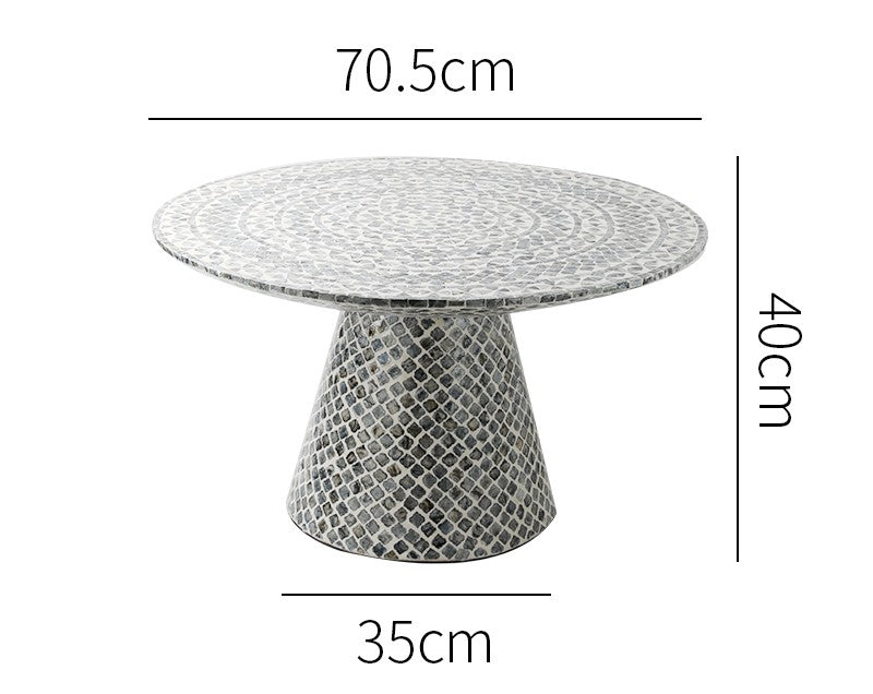Vintage Gray Mosaic Round Coffee Table, Designer Accent Table for Living Room Sofa, Modern Shell Inlay Side Table
