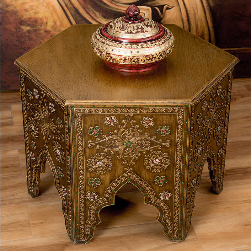 Authentic Thai Octagonal Carved Side Table, Southeast Asian Vintage Wooden Tea Table with Intricate Inlay Work