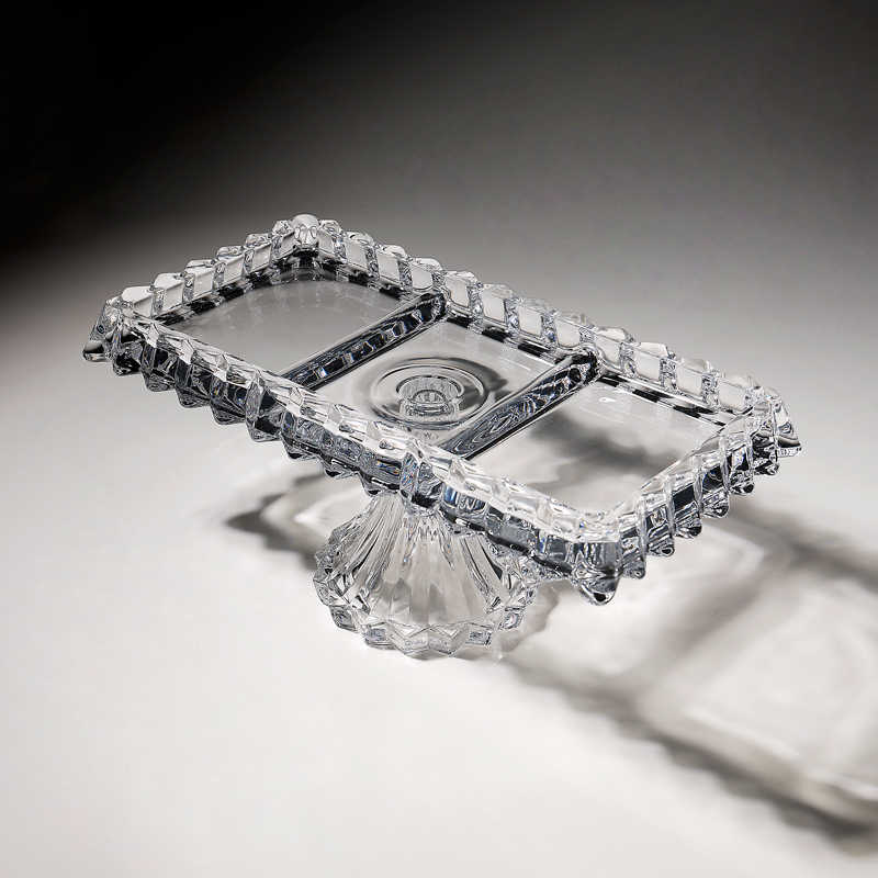 Premium Crystal Glass Divided Pedestal Serving Tray, Rectangular Multi-Section Platter with Ribbed Base, Luxury Appetizer Display Stand
