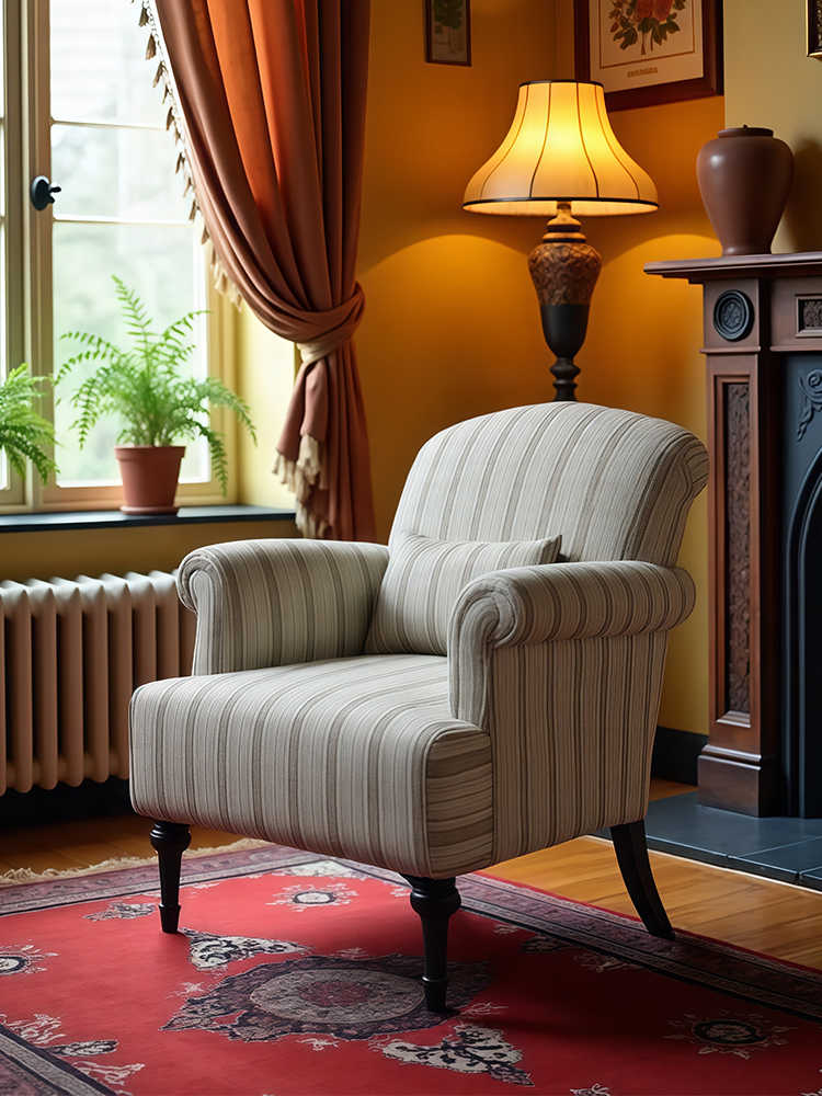 Vintage High-Back Tiger Armchair & Ottoman Set – Retro Striped Single Sofa for Living Room, Balcony, Homestay, or Study