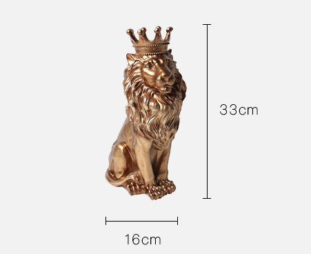 Crowned Lion Feng Shui Sculpture in Antique Gold Finish, European Style Prosperity Symbol for Desktop & Mantel Display, Regal King Lion Figurine