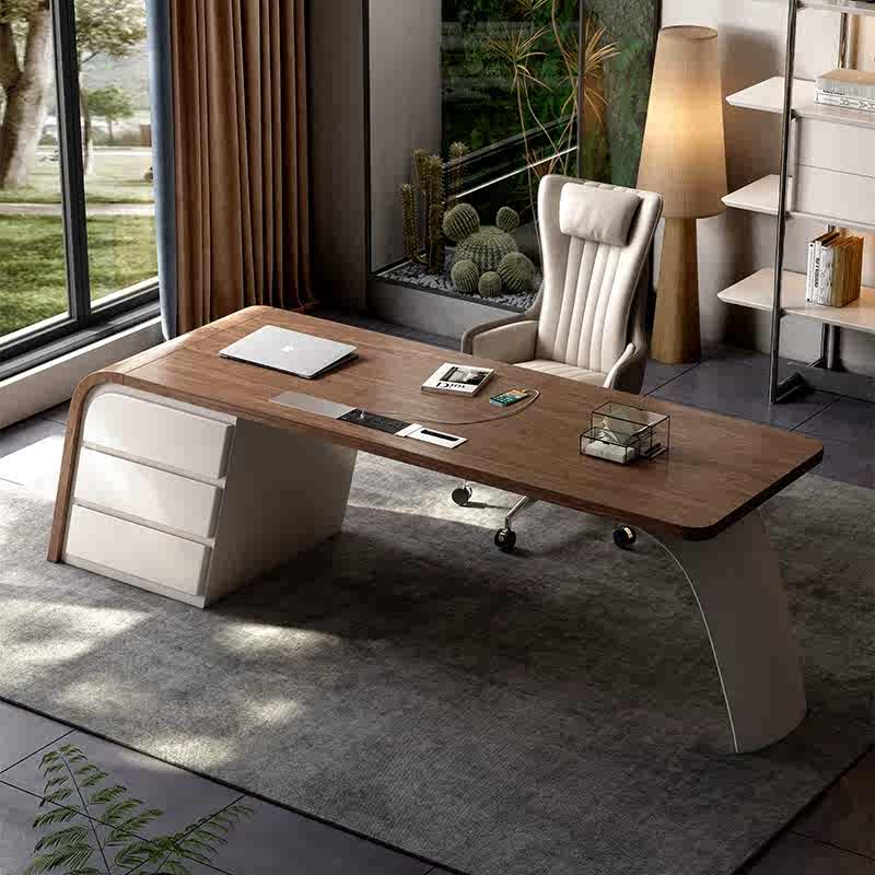 Modern Minimalist Black Walnut Executive Desk – Curved Wood Office Table for Study & Workspace