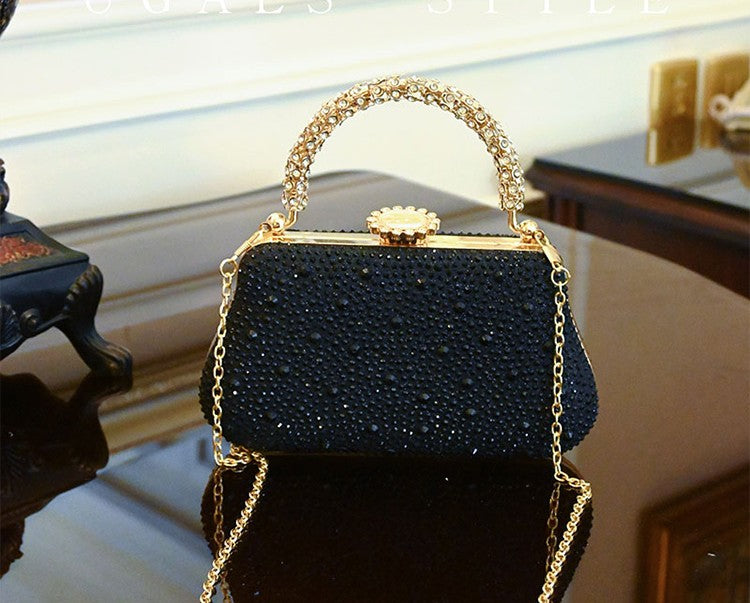 UGALS French Luxury Beaded Evening Clutch with Crystal Handle, Vintage Rhinestone Frame Purse with Chain Strap