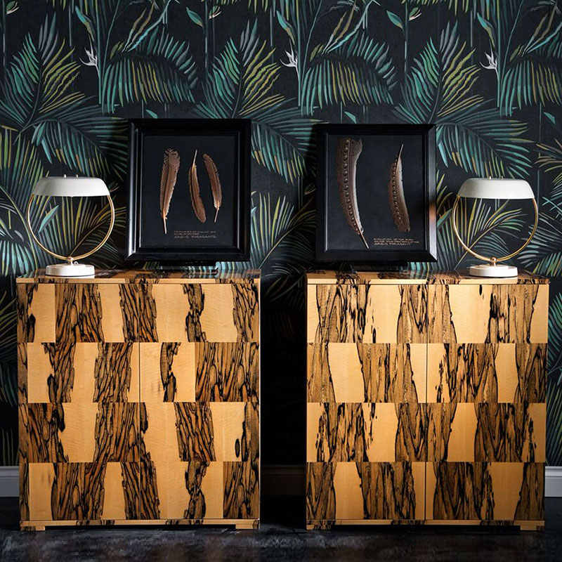 Mid-Century Vintage Patchwork Wood Sideboard, Designer Small Space Entryway Storage Cabinet, Retro Living Room Console