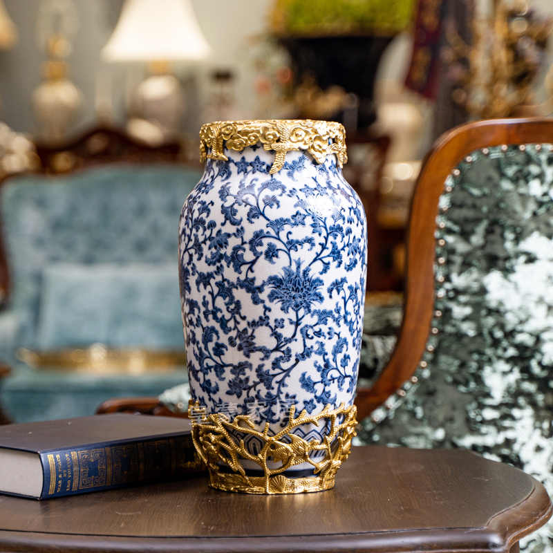 Classic Blue and White Porcelain Vase with Brass Trim – Floral Ceramic Table Vase for Living Room, Entryway, and Elegant Home Decor