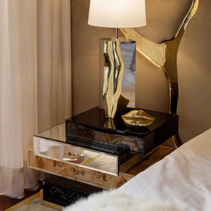Modern Stacked Drawer Nightstand – Contemporary Multi-Material Luxury Bedside Storage Cabinet, Designer Hotel-Style Side Table with Mixed Finish Drawers