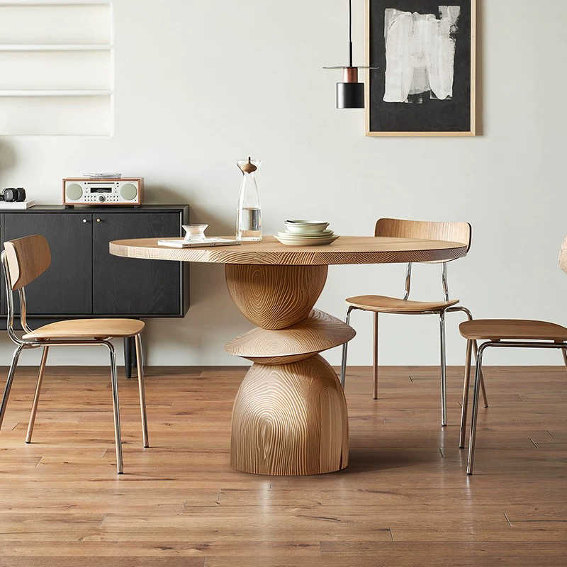 Modern Sculptural Solid Wood Round Dining Table – Designer Ash Wood Pedestal Table with Artistic Base, Contemporary Minimalist Restaurant Table for Home and Office