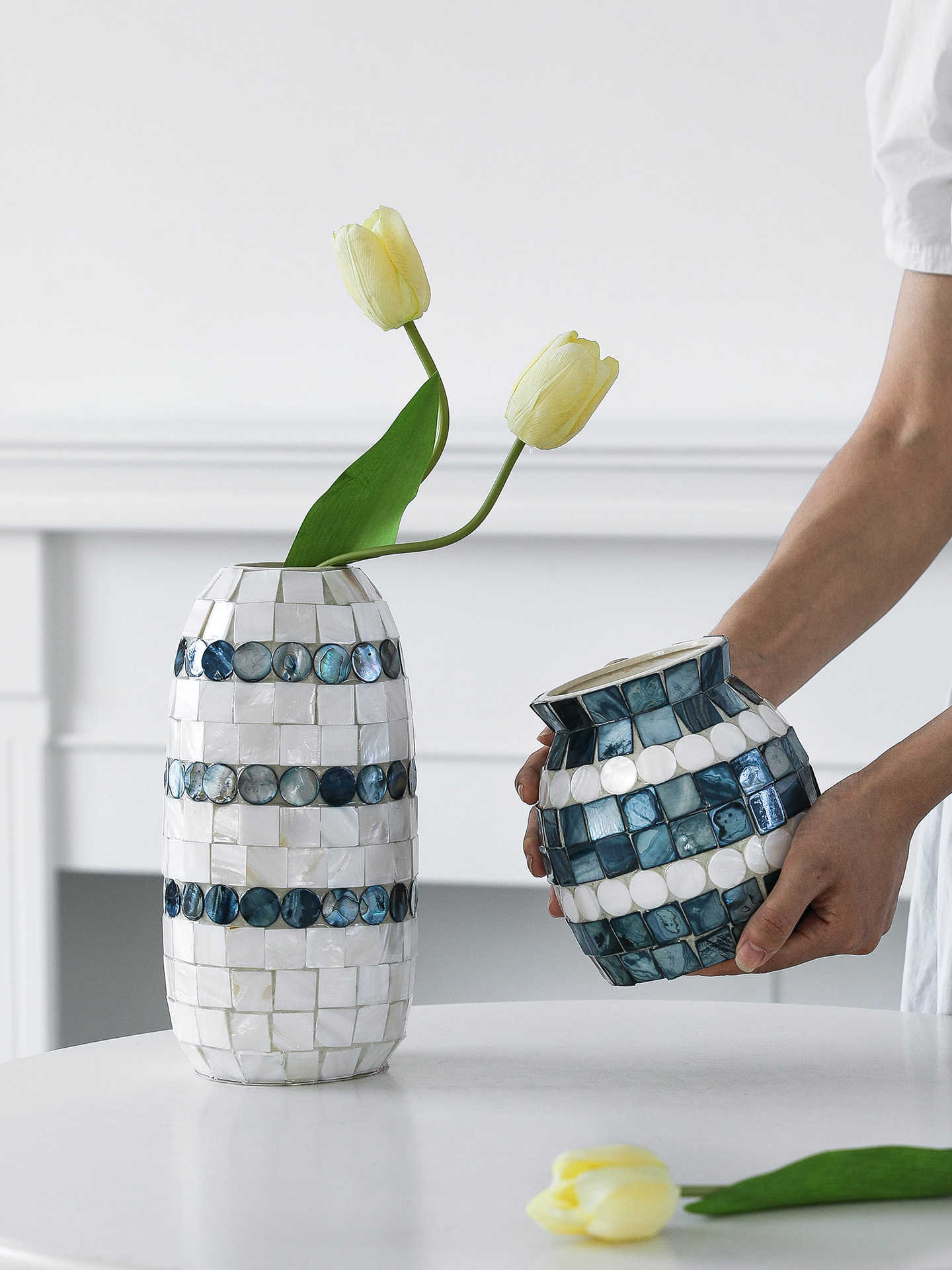 Blue & White Ceramic Vase Set, Mosaic Dot Flower Vases for Water and Tabletop Décor – Tall & Short Pair