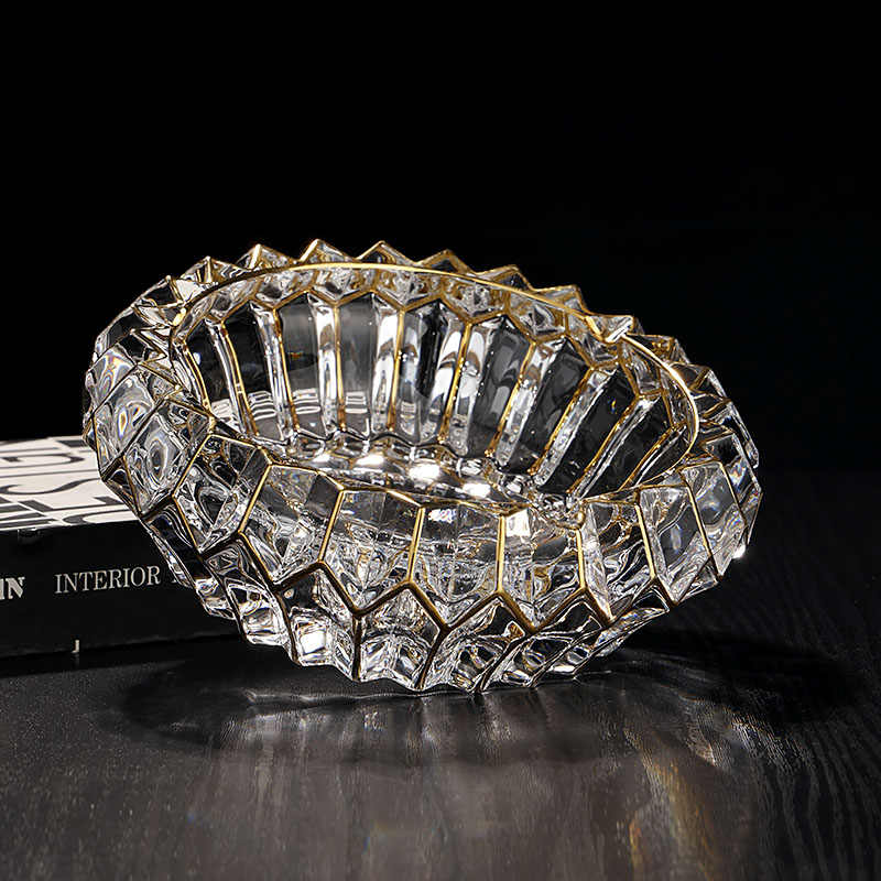Luxury Gold-Trimmed Crystal Diamond-Cut Glass Ashtray, Large Heavy-Duty Anti-Ash Design for Home Office, Premium Decorative Smoking Accessory