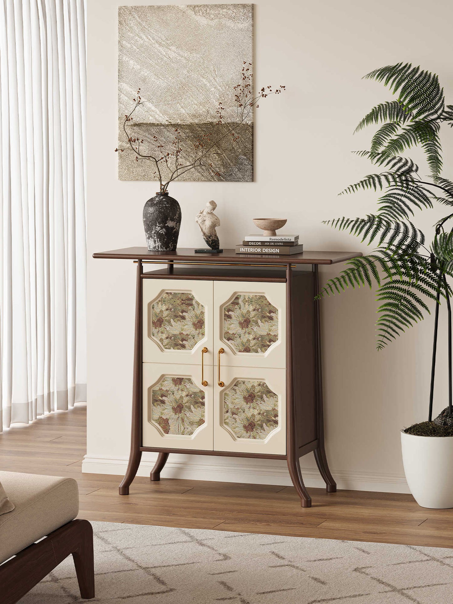 Song Dynasty Inspired Floral Octagon Console Cabinet – Natural Wood Botanical Pattern Storage Console, Traditional Asian Aesthetic Entryway Cabinet