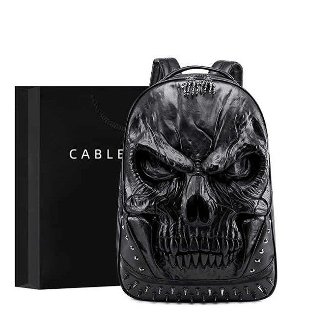 3D Skull Gothic Studded Leather Backpack – Black Punk Fashion Unisex School Bag with Rivet Details, Edgy Designer Travel Backpack for Men and Women
