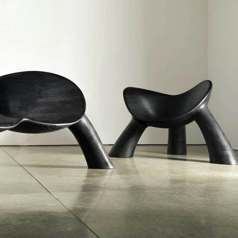 Modern Three-Legged Accent Chair, Unique Sculptural Lounge Stool, Designer Indoor Outdoor Seating, Textured Black