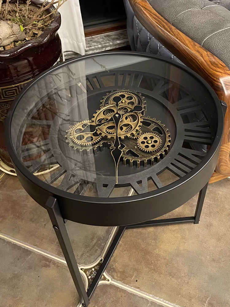 Vintage Gear Clock Side Table, Nordic Luxury Industrial Style Round Glass Coffee Table for Small Spaces, Black