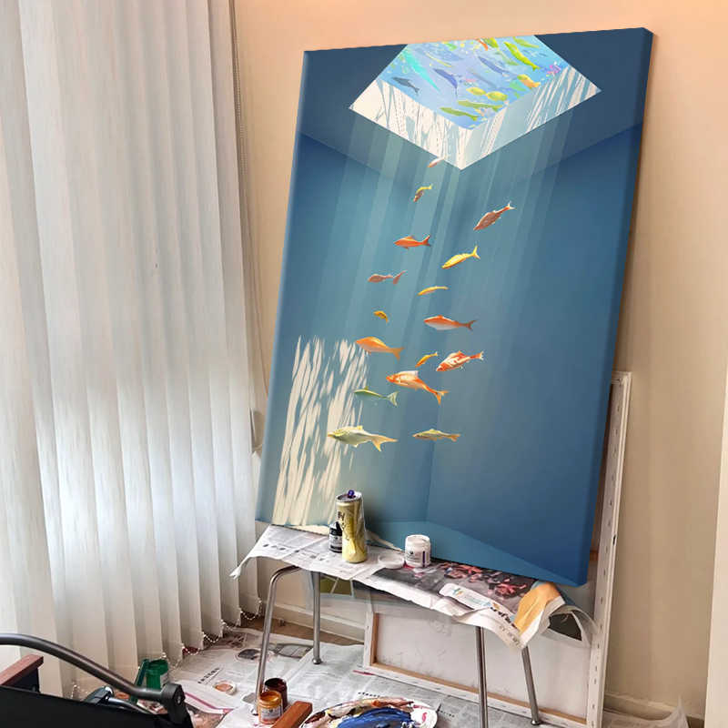 Modern Hand-Painted Oil Painting, "Light Through the Water" Fish Art for Living Room Entryway, High-End Minimalist Wall Decor Titanium Black Frame