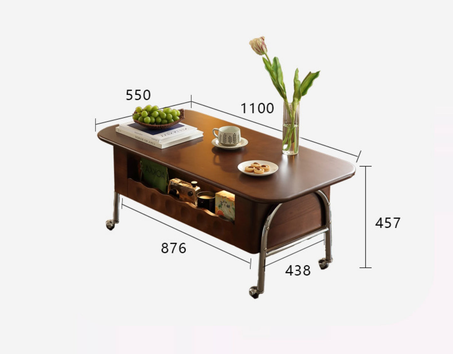 Retro Solid Wood Lift Top Coffee Table – Rolling Storage Cabinet & Adjustable Sofa End Table for Living Room