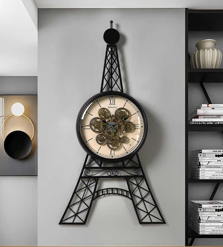Vintage Creative Art Wall Clock – Eiffel Tower Gear Design, Light-Luxury Statement Timepiece